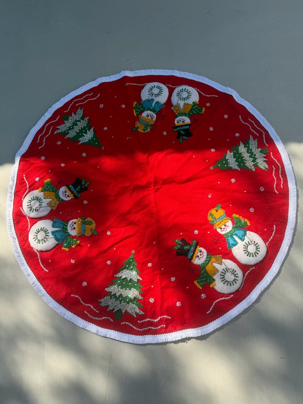 Retro VintageTree Skirt or Table Cloth Christmas Felt with fringe Trim Snowman